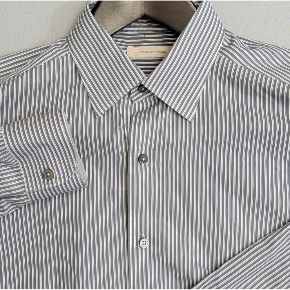 Ermenegildo Zegna Mens L Grey Blue Striped Button Down Cotton Dress Shirt Italy